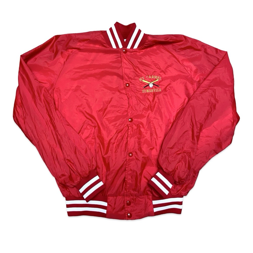 Vintage Mt Carmel Sundevils Satin Bomber Jacket Red White XL Westark USA Made